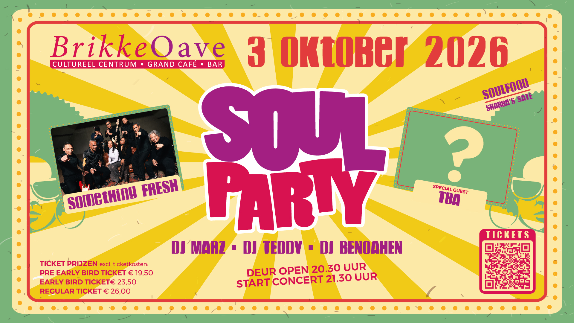 Poster Soul Party Brikke Oave Brunssum met live band Something Fresh 3 oktober 2026
