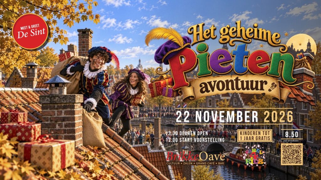 Beleef Het Geheime Pietenavontuur op 22 november bij de Brikke Oave in Brunssum. Een vrolijke kindervoorstelling met meet & greet met de Sint.