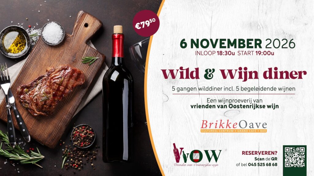 Wild & Wijn diner 6 november 2026 bij de Brikke Oave in Brunssum