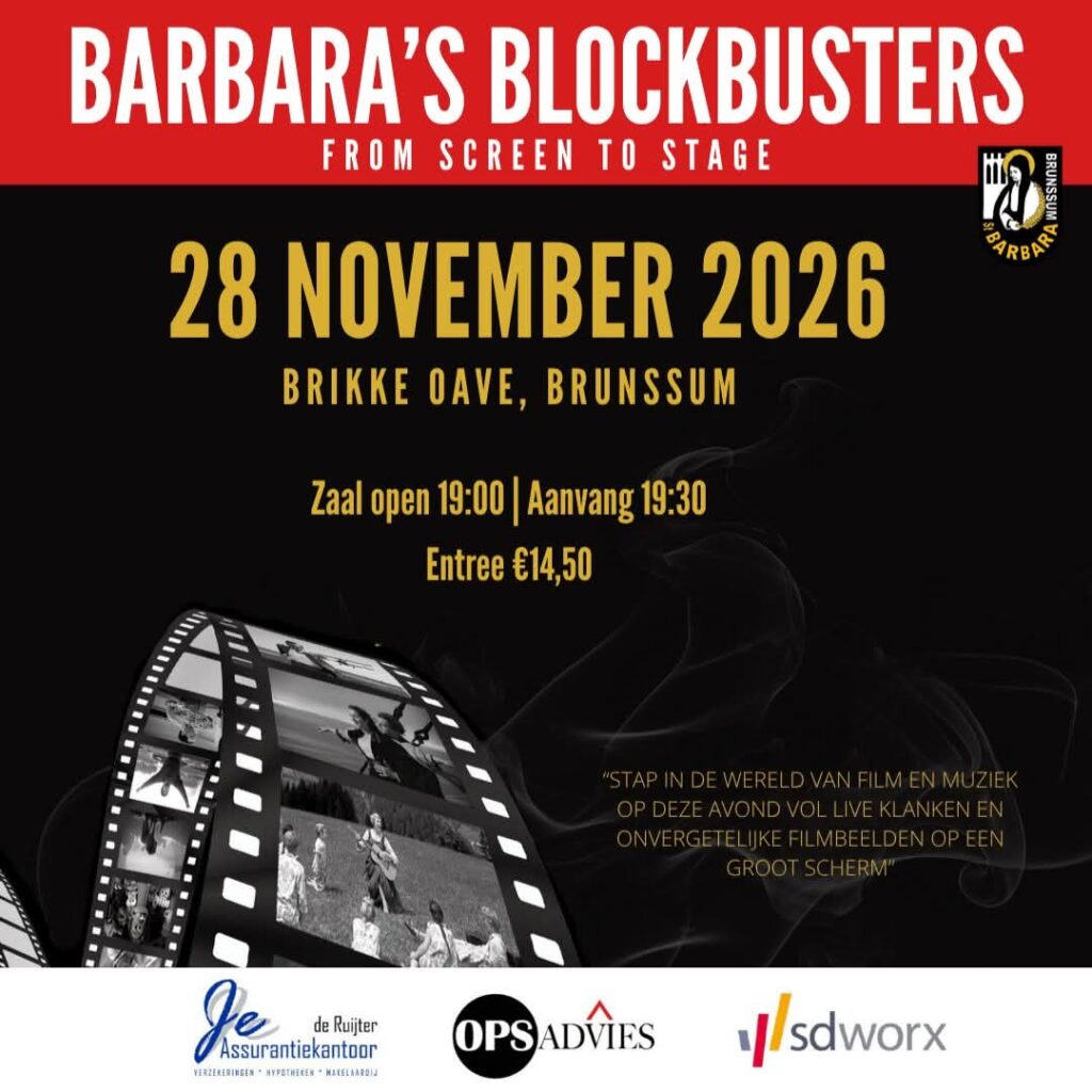 Poster Barbara’s Blockbusters van Fanfare St. Barbara op 28 november 2026 in de Brikke Oave in Brunssum.